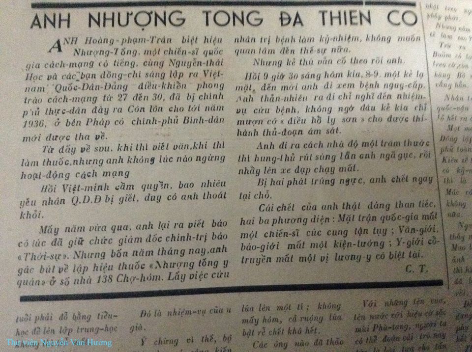 Tin Nhượng Tống bị ám sát đăng trên báo Cải Tạo năm 1949